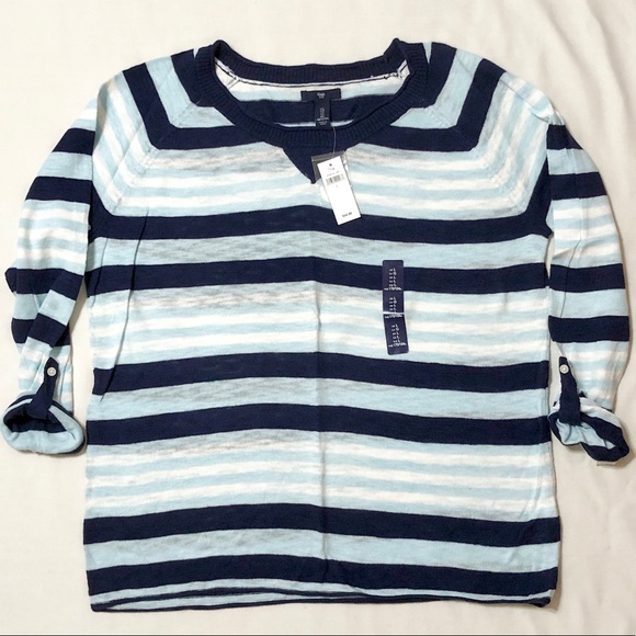 Gap Women’s Blue/White Striped Sweater with Roll-Tab Sleeves/Rolled Raw Edges- L - Picture 9 of 16